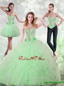 2015 New Style Beading and Ruffles Sweetheart Quinceanera Gown in Apple Green