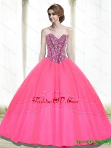 2015 Pretty Ball Gown Beading Sweetheart Hot Pink Quinceanera Dresses