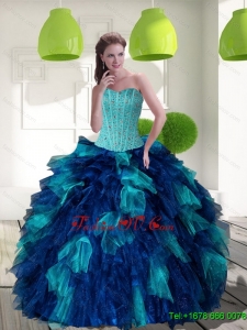 2015 Pretty Multi Color Sweet 15 Dress with Beading and Ruffles