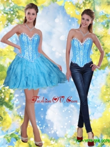 2015 Elegant Short Beading and Ruffles Baby Blue Prom Dresses