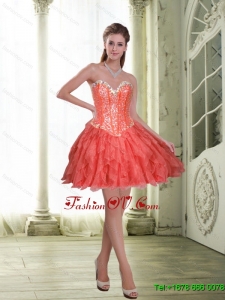 Exquisite Short Beading and Ruffles Coral Red Prom Dresses for 2015