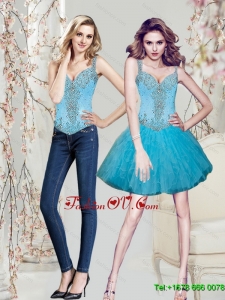 Elegant Beading and Ruffles Aqua Blue Prom Dresses
