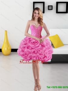 Elegant Sweetheart Short Rolling Flowers Rose Pink Prom Dresses for 2015
