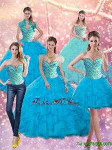 Classical Baby Blue Beading and Ruffles Sweetheart Quinceanera Dresses for 2015