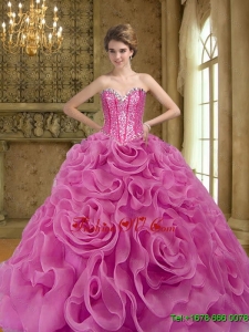2015 Exclusive Fuchsia Quinceanera Dresses with Beading and Rolling Flowers