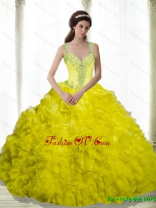 2015 Perfect Yellow Beading and Ruffles Sweetheart Quinceanera Dresses