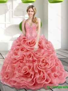 Classic Beading and Rolling Flowers 2015 Watermelon Quinceanera Dresses