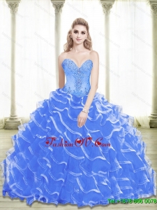 Classic Beading and Ruffled Layers Sweetheart 2015 Blue Quinceanera Dresses