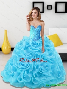 Elegant Beading and Rolling Flowers Sweetheart Quinceanera Dresses in Aqua Blue for 2015