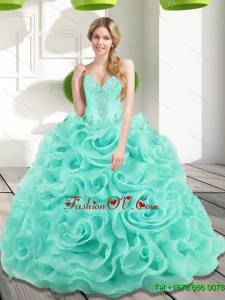 Low Price Beading and Rolling Flowers 2015 Quinceanera Dresses in Aqua Blue