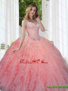 Modern Watermelon 2015 Quinceanera Dresses with Beading and Ruffles