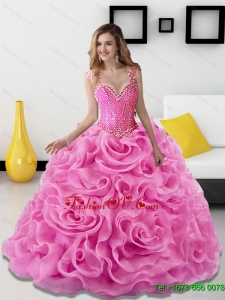 2015 Gorgeous Beading and Rolling Flowers Rose Pink Sweet Sixteen Dresses