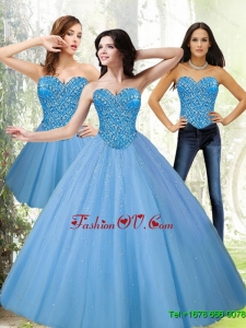 Popular Tulle Sweetheart Beading Blue Sweet Sixteen Dresses for 2015