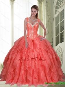 2015 Designer Beading and Ruffles Coral Red Quinceanera Dresses with Sweetheart