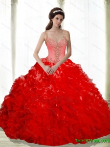 2015 Designer Beading and Ruffles Sweetheart Red Quinceanera Dresses