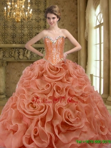 2015 Unique Beading and Rolling Flowers Rust Red Quinceanera Dresses