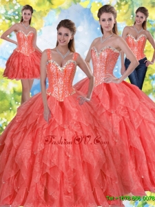 2015 Unique Beading and Ruffles Quinceanera Dresses in Coral Red