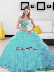 Designer 2015 Beading and Ruffles Sweetheart Aqua Blue Quinceanera Dresses