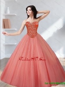 Designer 2015 Tulle Beading Sweetheart Quinceanera Dresses in Watermelon