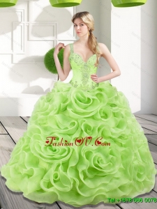 Unique Beading and Rolling Flowers Spring Green 2015 Quinceanera Dresses