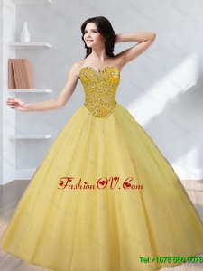 Lovely Tulle Beading Sweetheart Gold Quinceanera Dresses for 2015