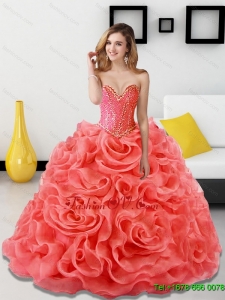 Pretty Beading and Rolling Flowers Coral Red Quinceanera Dresses for 2015