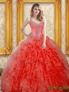 Pretty Beading and Ruffles Coral Red Quinceanera Dresses