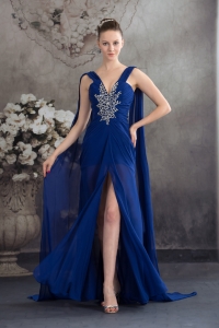 Elegant Beading Royal Blue Empire Watteau Train Prom Dress