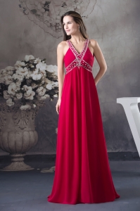 Red V-neck Empire long Criss Cross Beading 2013 Prom Dress