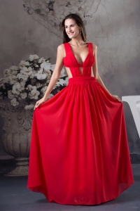 Sexy Column long Ruching Straps Prom Dress in Red