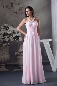 Beautiful Beading V-neck long Pink Empire 2013 Prom Dress