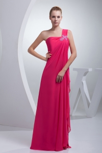 Hot Pink One Shoulder Beading Long Prom Dress