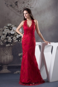 Sexy Appliques Red Halter Column long Prom Dress for 2013