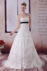 Appliques Halter Brush Train A-Line Wedding Dress in White