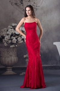Cheap Appliques Mermaid Strapless long Red 2013 Prom Dress
