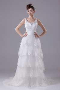 Ruffled Layers Lace Brush Train Column Scoop Wedding Dress