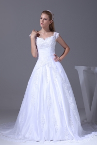 V-neck Caps Sleeves Lace Court Train A-line Wedding Dress