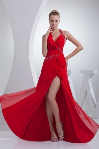 Beading and High Slit Red Halter Long Prom Dress