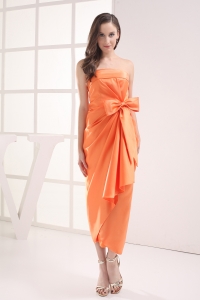 Column Orange Strapless Bow Satin Ruching Prom Dress