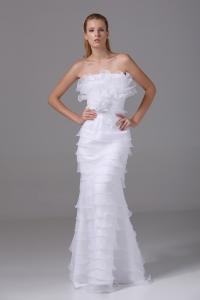 Column Strapless Ruffled Layers Organza Wedding Dress