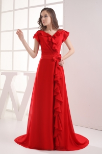 Red Short Sleeves Bow V-neck Prom Dress