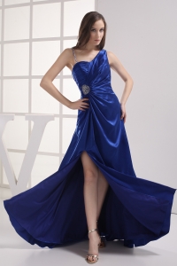 Royal Blue High Slit Asymmetrical Ruching Beading Prom dress