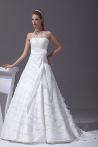 Sash Ruffled Layers A-line Brush Train Wedding Dress
