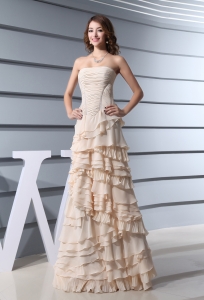 A-Line Strapless Ruffled Layers long 2013 Prom Dress in Champagne