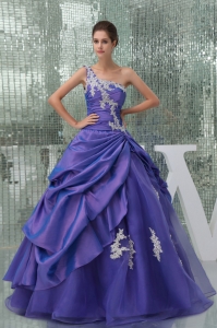 One Shoulder Appliques Purple Long A-line Quinceanera Dress