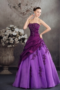 Purple Quanceanera Dress with Appliques A-line Strapless
