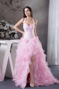 Beautiful Ruffles Halter Pink High-low Column Prom Dress