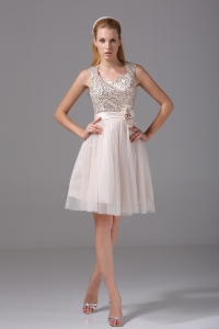 Princess Square Sash Tulle Sequins Prom Dress