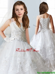Luxurious White Spaghetti Straps Birthday Party Dress with Appliques and Ruffled Layers