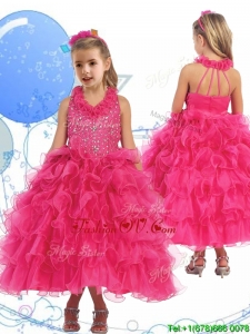 Latest Halter Top Beading and Ruffled Layers Birthday Party Dress in Hot Pink